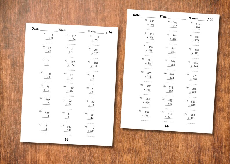 May include: Two white worksheets with math problems, including addition and subtraction, are displayed on a wooden surface. The worksheets have the headings "Date", "Time", and "Score". The score is out of 24.