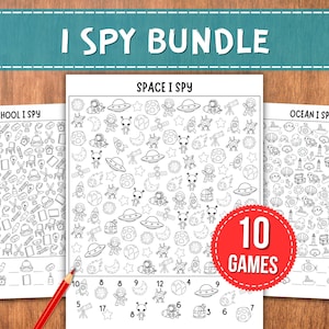 Puede incluir: Un paquete de juegos I Spy con el texto "I SPY BUNDLE" en la parte superior. Los juegos incluyen "School I Spy", "Space I Spy" y "Ocean I Spy". Un círculo rojo con el texto "10 GAMES" está en el centro.