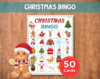 May include: A Christmas Bingo game card with festive illustrations, including Santa, a gingerbread man, and a Christmas tree. The card features the text "Christmas Bingo" and a red circle with "50 Cards".