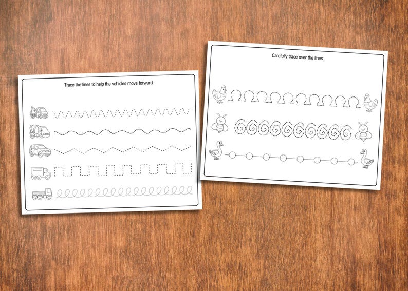 May include: Two white worksheets with black line drawings and text. One worksheet says "Trace the lines to help the vehicles move forward" with vehicle illustrations and dotted lines. The other says "Carefully trace over the lines" with animal illustrations and dotted lines.