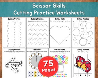 Scissor Skills | Cutting Practice | 75 Printable Worksheets | Preschool & Toddler Cutting Activities | Kids Worksheets