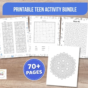 Könnte beinhalten: Eine Sammlung von druckbaren Teenager-Aktivitätsseiten, darunter Sudoku-Rätsel, Wortsuchrätsel, Labyrinthe und eine Mandala-Malvorlage. Das Bundle enthält über 70 Seiten mit Aktivitäten. Der Titel "Printable Teen Activity Bundle" wird oben angezeigt.