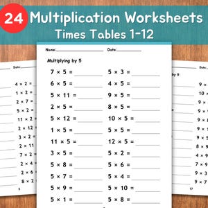 May include: Multiplication worksheets for times tables 1-12. The image shows three pages of multiplication problems, with the title "24 Multiplication Worksheets" at the top. The worksheets are designed for educational use.