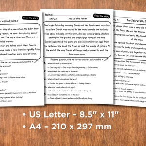 May include: Three reading comprehension worksheets with stories and questions. The stories are titled "New Friend at School", "Trip to the Farm", and "The Secret Old Tree". The worksheets are on a wooden surface.