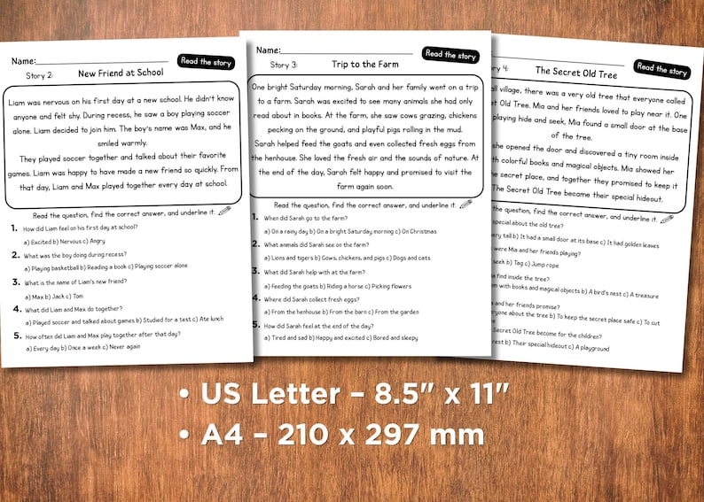 May include: Three reading comprehension worksheets with stories and questions. The stories are titled "New Friend at School", "Trip to the Farm", and "The Secret Old Tree". The worksheets are on a wooden surface.