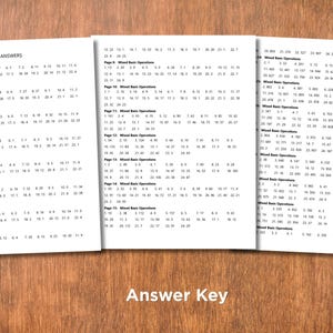 May include: Three white pages with mathematical answers are displayed on a wooden surface. The pages are labeled "ANSWERS" and "Mixed Basic Operations." The text "Answer Key" is at the bottom.