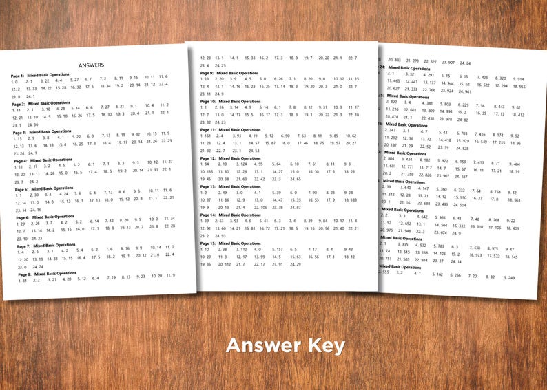 May include: Three white pages with mathematical answers are displayed on a wooden surface. The pages are labeled "ANSWERS" and "Mixed Basic Operations." The text "Answer Key" is at the bottom.