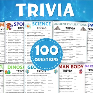 May include: A collection of trivia game sheets featuring various categories like Animals, Sports, Science, Ancient Civilisations, Space, Nature, Dinosaurs, Geography, Human Body, and General Knowledge, with a central blue badge stating 100 QUESTIONS.