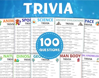 Paket med 100 triviafrågor, familjespel, 10 frågesportkategorier, utskrivbart partyspel, familjespelkväll, direktnedladdning i PDF-format