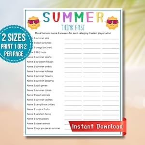 以下が含まれることがあります： カラフルな文字で「SUMMER THINK FAST」と書かれた、夏をテーマにした印刷可能なパーティーゲーム。 夏の仕事、ビーチでのアクティビティ、夏のスポーツなどのカテゴリーが含まれています。 「2 SIZES PRINT 1 OR 2 PER PAGE」というテキストも表示されています。