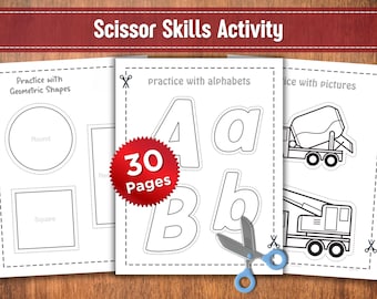 Scissor Skills Activity Pack: Cut & Paste Letters, Numbers, Shapes (PDF Downloadable Worksheets)