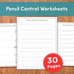 May include: Three white pencil control worksheets with black line drawings and text. The worksheets include tracing lines, animals, and shapes. A red circle with the number "30" and the word "Pages" is in the center. The top banner says "Pencil Control Worksheets".