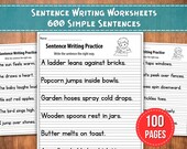 100 Sentence Writing Worksheets | 600 Simple Sentences | Write the Sentence Practice | Printable ELA for Kids