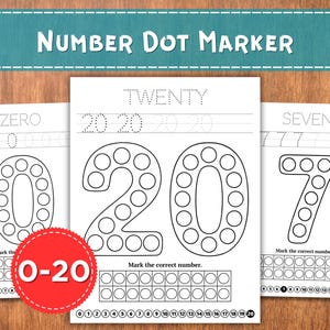 May include: Educational worksheets with the text "Number Dot Marker" and numbers 0, 20, and 7. Each number is outlined with dots for marking. A red circle with "0-20" is in the lower left.