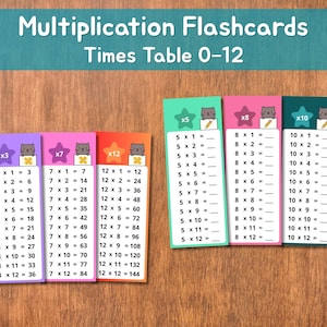 May include: Multiplication flashcards for times tables 0-12. The flashcards are in various colours, including purple, pink, orange, green, and blue. Each card features multiplication problems with cute cat illustrations.