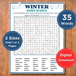 Könnte beinhalten: Ein Winter-Wortsuchrätsel mit 35 Wörtern zum Finden. Das Design umfasst Schneeflocken und den Text "Winter Word Search". Erhältlich in 2 Größen, digitaler Download.