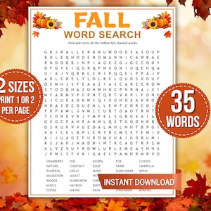 Puede incluir: Una hoja de juego de sopa de letras de otoño imprimible con el título FALL WORD SEARCH, una cuadrícula de letras y una lista de 35 palabras para encontrar. El documento incluye gráficos de calabazas y girasoles naranjas y texto informativo.