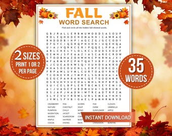 Fall Word Search Printable, Autumn Word Search Puzzle, Kids & Adults Activity