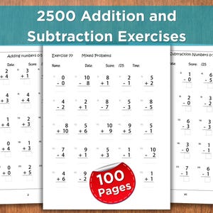 May include: A workbook with 2500 addition and subtraction exercises. The pages feature math problems with space for answers. A red sticker with "100 Pages" is visible.