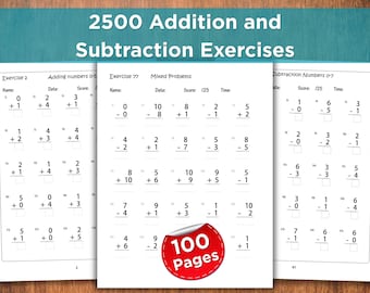 May include: A workbook with 2500 addition and subtraction exercises. The pages feature math problems with space for answers. A red sticker with "100 Pages" is visible.