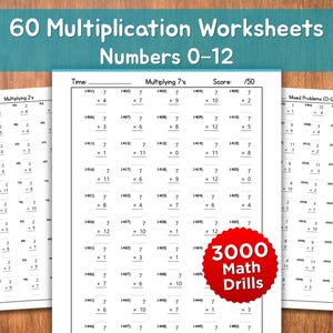 May include: Three worksheets with multiplication problems for numbers 0-12. The top banner reads "60 Multiplication Worksheets Numbers 0-12". A red circle with "3000 Math Drills" is in the bottom right.