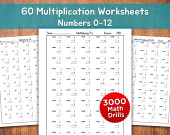 60 Multiplication Worksheets | Times Tables 0-12 | 2nd & 3rd Grade Math Printable | Homeschool Practice | Answers Included