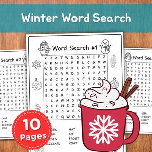 May include: A set of winter-themed word search puzzles. The image shows three pages with word search grids, each with a different title. A red mug with a snowflake design and whipped cream is in the foreground. A red circle with the text "10 Pages" is also visible.