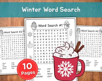 Printable Winter Word Search Worksheets for Kids | 10 Puzzles + Solutions | Christmas Learning