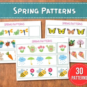 May include: A collection of spring-themed patterns featuring colorful illustrations of butterflies, bees, flowers, and other seasonal elements. The image includes the text "Spring Patterns" and a red circle with the text "30 Patterns".