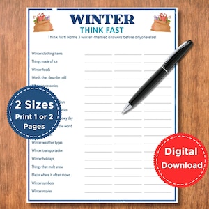May include: A white paper with the text "WINTER THINK FAST" and a list of winter-themed categories. A black pen rests on the paper. A red circle with "Digital Download" is in the bottom right corner.