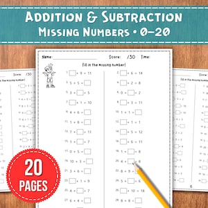 May include: Educational worksheets for addition and subtraction with missing numbers, 0-20. The worksheets are white with black text and illustrations, and the cover has a red circle with the text "20 PAGES".