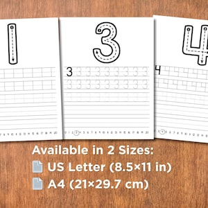 May include: Three white sheets of paper with the numbers 1, 3, and 4 printed in black, along with dotted lines for tracing. The text "Available in 2 Sizes: US Letter (8.5x11 in) A4 (21x29.7 cm)" is also visible.