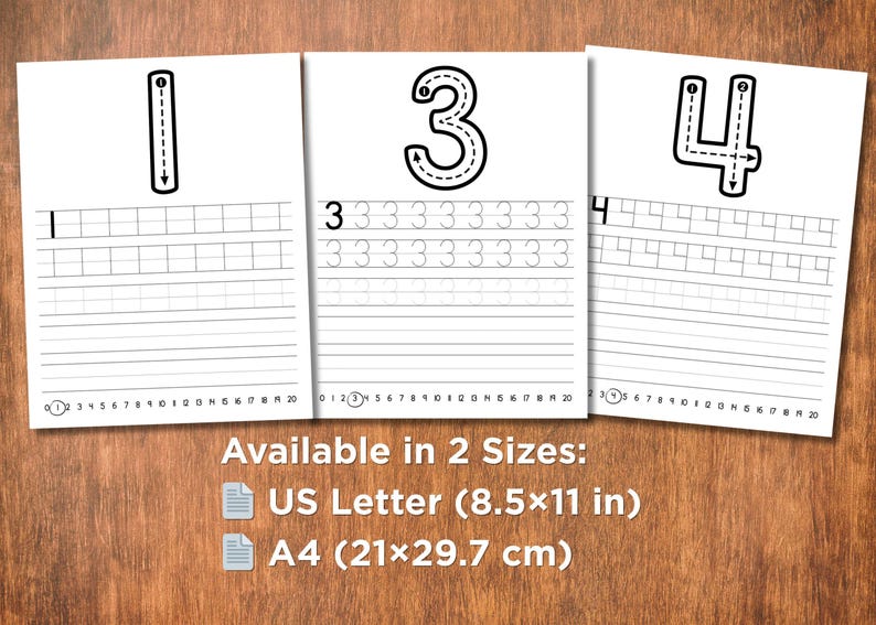 May include: Three white sheets of paper with the numbers 1, 3, and 4 printed in black, along with dotted lines for tracing. The text "Available in 2 Sizes: US Letter (8.5x11 in) A4 (21x29.7 cm)" is also visible.