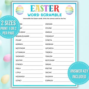 以下が含まれることがあります： カラフルなテキストと卵のイラストが特徴の、イースターをテーマにしたワードスクランブルゲーム。 「2サイズ 1ページまたは2ページ印刷」と「解答キー付き」のテキストが含まれています。 イースターアクティビティ向けに設計されています。