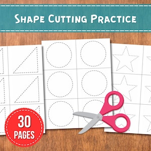 Puede incluir: Hojas de práctica de corte de formas con líneas punteadas para triángulos, círculos y estrellas. Un par de tijeras con mango rosa descansa sobre las páginas. La imagen incluye el texto "Shape Cutting Practice" y "30 Pages".