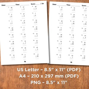 May include: Two white sheets of paper with math problems printed in black ink. The sheets are labeled with "Date", "Time", and "Score". The text "US Letter - 8.5" x 11" (PDF)" is printed at the bottom.