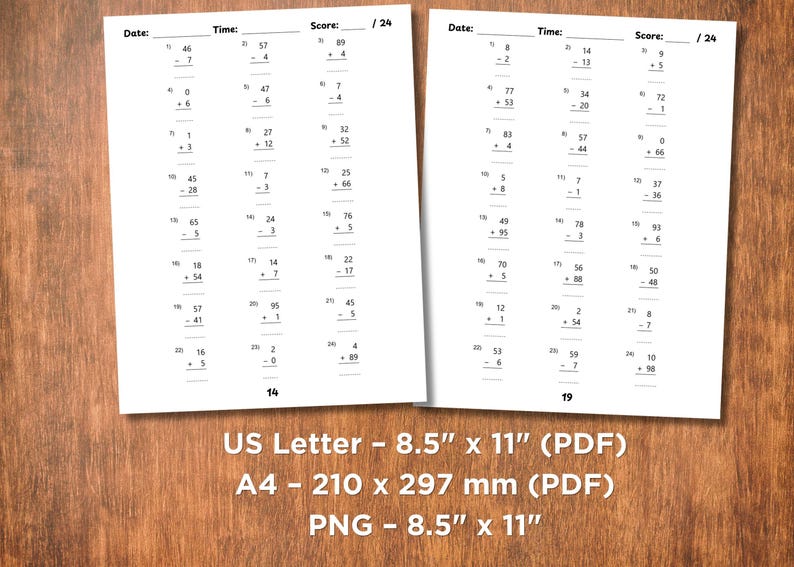 May include: Two white sheets of paper with math problems printed in black ink. The sheets are labeled with "Date", "Time", and "Score". The text "US Letter - 8.5" x 11" (PDF)" is printed at the bottom.