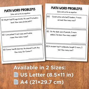 May include: Two white worksheets with math word problems, featuring questions about Lego bricks, roses, and cherries. The text "MATH WORD PROBLEMS" is at the top. Available in US Letter (8.5x11 in) and A4 (21x29.7 cm) sizes.