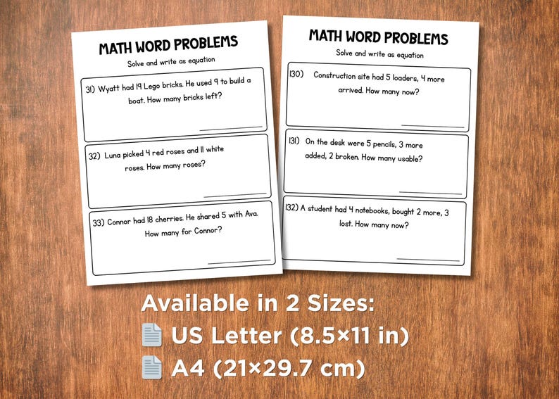 May include: Two white worksheets with math word problems, featuring questions about Lego bricks, roses, and cherries. The text "MATH WORD PROBLEMS" is at the top. Available in US Letter (8.5x11 in) and A4 (21x29.7 cm) sizes.