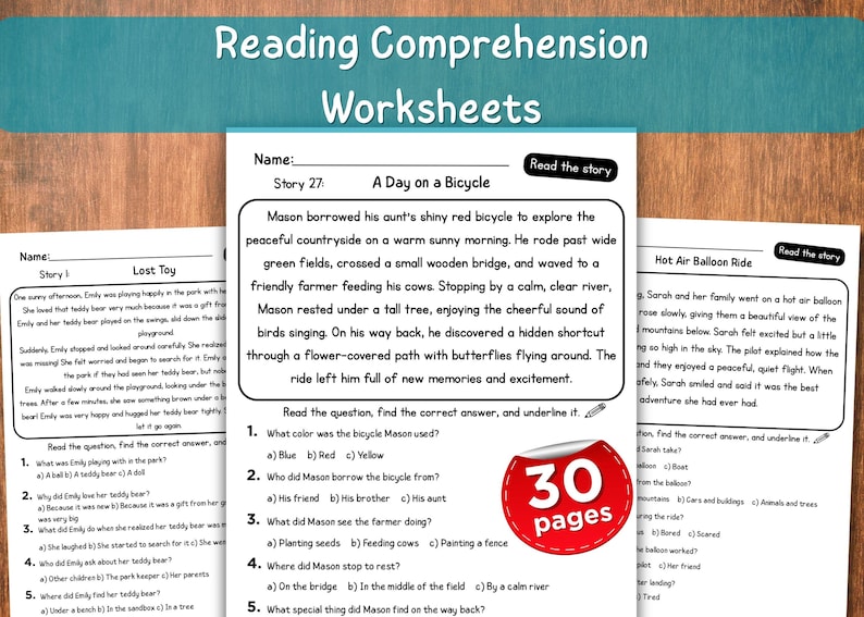 May include: Reading comprehension worksheets with stories and questions. The worksheets feature stories about a bicycle ride, a lost toy, and a hot air balloon ride. A red sticker indicates 30 pages.