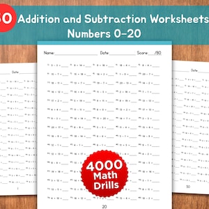 May include: A set of 50 addition and subtraction worksheets for numbers 0-20. Each worksheet features math problems with answer spaces. The worksheets include the text "4000 Math Drills" and "Score /80".