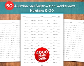 May include: A stack of 50 addition and subtraction worksheets for numbers 0-20. Each worksheet has math problems with space for answers. The worksheets include the text "4000 Math Drills" and "Score /80".