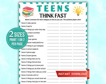 Utskrivbart spel för tonåringar, festspel för tonåringar, aktivitet för snabbtänkande, gruppspel för ungdomar, klassrumsspel, PDF-nedladdning