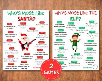 May include: Two Christmas-themed game sheets with the titles "Who's Most Like SANTA?" and "Who's Most Like THE ELF?" feature illustrations of Santa Claus and an elf. The games have point-based questions. A red circle with "2 GAMES" is in the center.