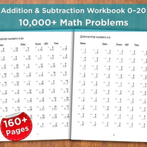 Può includere: Un quaderno di esercizi con problemi di addizione e sottrazione per numeri da 0 a 20. La copertina recita "Addizione e sottrazione Quaderno di esercizi 0-20 10.000+ Problemi di matematica". Il quaderno ha più di 160 pagine.