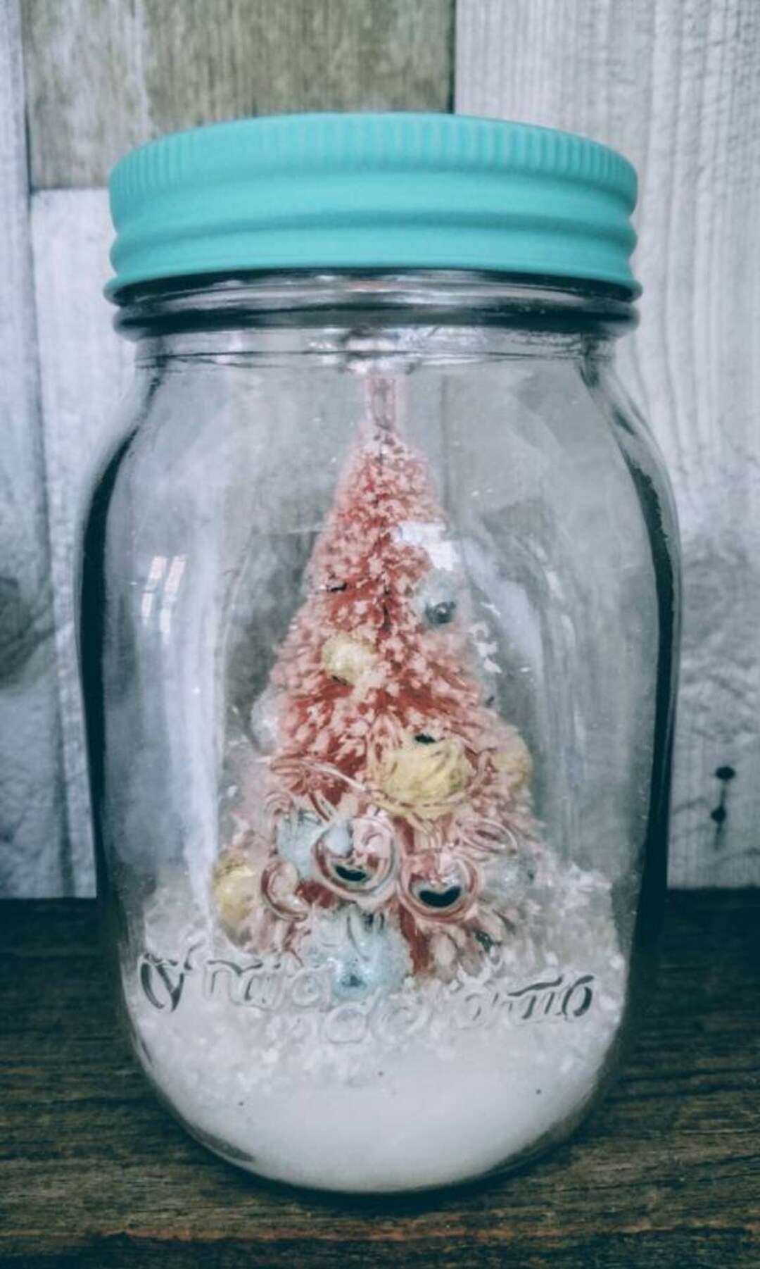 Pink Christmas Tree Glass Jar Nightlight. Glass Jar Snow Globe, Pink