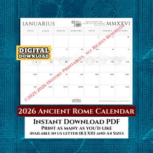 Ancient Roman Calendar 2026, Monthly Planner, History Printable, Letter, A4, Wall Calendar, Download, Landscape