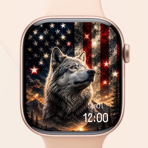 May include: A rose gold smartwatch featuring a digital display with a wolf portrait set against a stylized American flag background, mountain silhouettes, and glowing stars. The screen displays the time 12:00 and the date Sun 01 in white text.