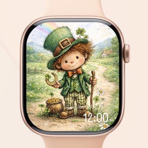 May include: A smartwatch with a St. Patrick's Day theme. The watch face displays a cartoon leprechaun in a green suit and hat, holding a horseshoe and walking stick. A pot of gold and a rainbow are also visible.