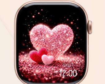 Fondo de pantalla de Apple Watch con corazón rosa brillante, esfera de reloj de amor brillante (descarga digital)